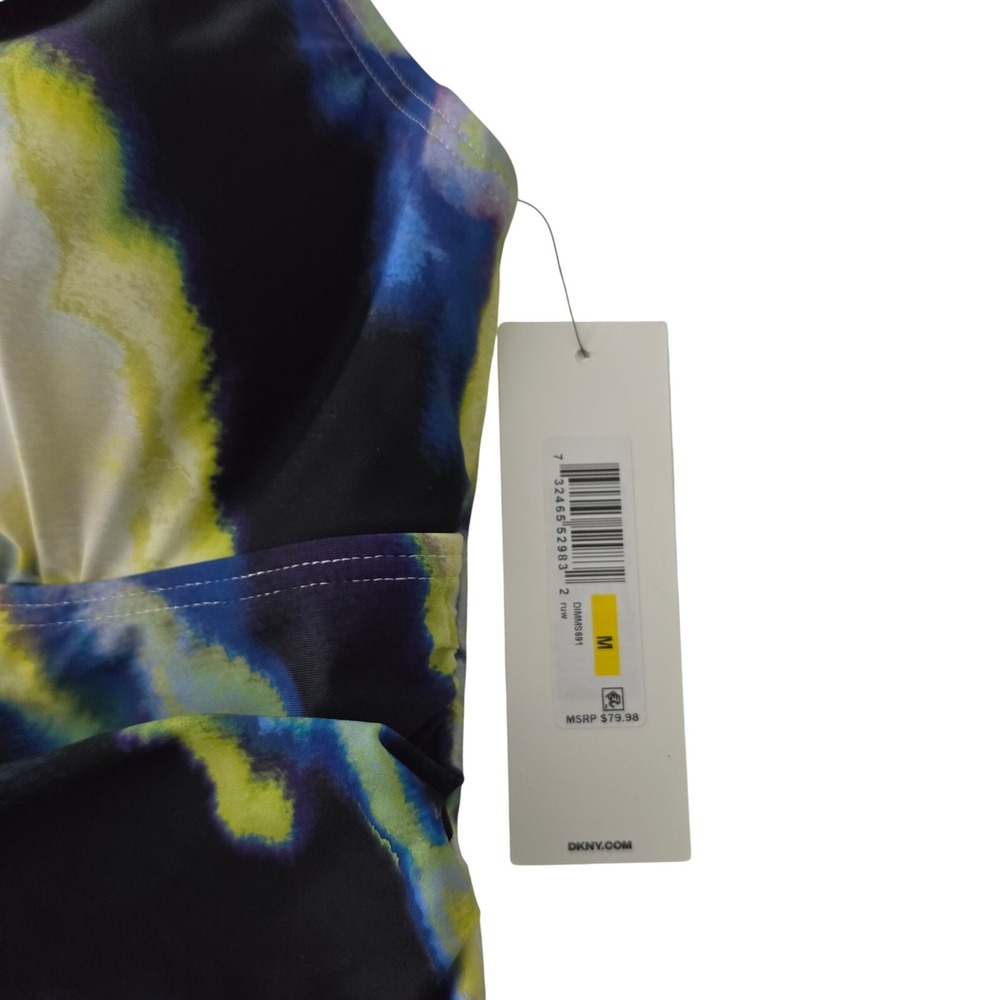 DKNY Womens One Piece Swimsuit Yellow Blue Abstract Watercolor Ruched Medium - Picture 10 of 10